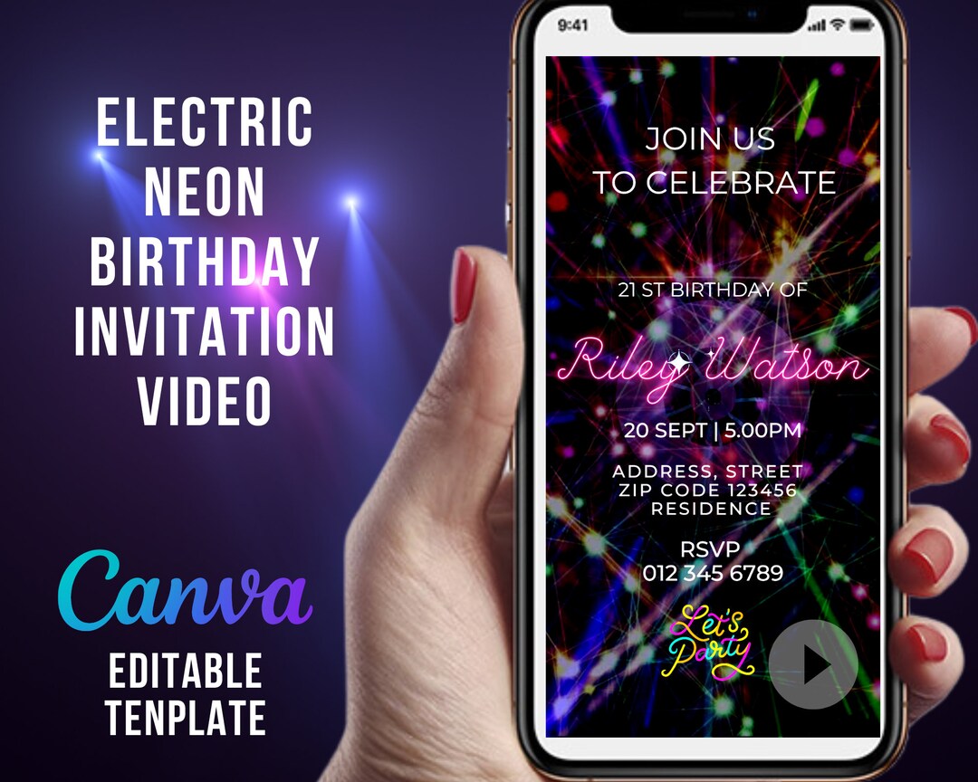 Electric Neon Birthday Party Invitation: Mobile Video Template (DIY ...