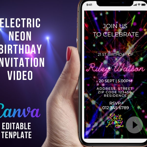 Birthday invitation template, Electric Neon Birthday Party Invitation | Mobile Video Template | Canva Editable | DIY