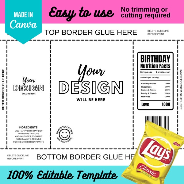 Canva template Lays Chip Bag Template | Canva Editable DIY | Birthday Nutrition Facts, Guaranteed Logo, Ingredients Included Printable