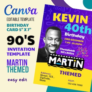 Convite de aniversário mais vendido dos anos 90 Cartão de convite para festa de aniversário 5"x7" | Tema Martin | Imprimível | Modelo editável Canva