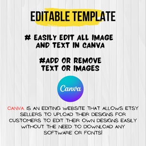 Op de afbeelding: Bewerkbare sjabloongrafiek met de tekst "EDITABLE TEMPLATE" in geel op een witte houtnerf achtergrond. De tekst "# EASILY EDIT ALL IMAGE AND TEXT IN CANVA" en "#ADD OR REMOVE TEXT OR IMAGES" is in zwart. Een paarse en blauwe cirkel met het woord "Canva" in wit bevindt zich in het midden van de grafiek. De tekst "CANVA IS AN EDITING WEBSITE THAT ALLOWS ETSY SELLERS TO UPLOAD THEIR DESIGNS FOR CUSTOMERS TO EDIT THEIR OWN DESIGNS EASILY WITHOUT THE NEED TO DOWNLOAD ANY SOFTWARE OR FONTS!" is in zwart.