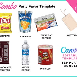 Party favor Combo Chip Bag + Chocolate Wrapper + Water Bottle + Caprisun + Gift Tag + Pringles + Treat bag Topper Template | Printable