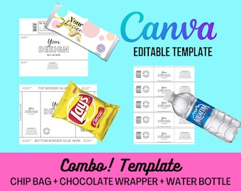 Chip Bag, Chocolate Wrapper, Water Bottle Template | Canva Editable | DIY Party Printable