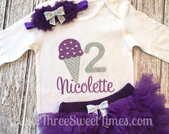 Birthday Outfit Girl Ice Cream Party Sprinkled Cone Glitter Bodysuit | First Leg Warmers Headband Bloomer Set | Purple And Silver Shirt Set