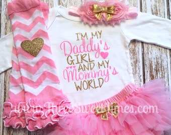 Daddy's Girl Baby Girl Outfit | I'm My Daddy's Girl And My Mommy's World Bodysuit Baby Shower Gift Pink And Gold Glitter Baby Girl Set