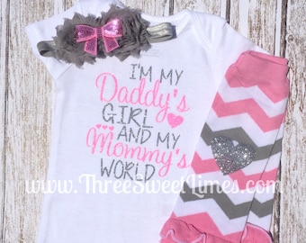 Baby Girl Clothes | I'm My Daddy's Girl And My Mommy's World Bodysuit | Opt Leg Warmers Headband | Pink And Silver Glitter | Baby Girl Set