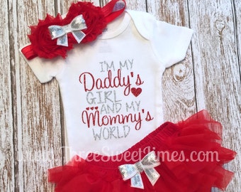 Baby Girl Clothes Valentine's Outfit First Outfit I'm my daddy's girl in my mommy's world Bodysuit New Dad Gift Set ShowerGift Red Silver