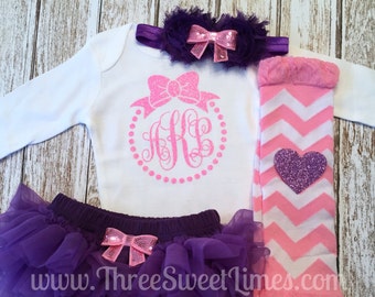 Monogrammed Baby Girl Clothes Bow Monogram | Take Home Outfit | Tutu Bloomers | Pink Glitter Purple | Baby Shower Gift | Personalized Gift