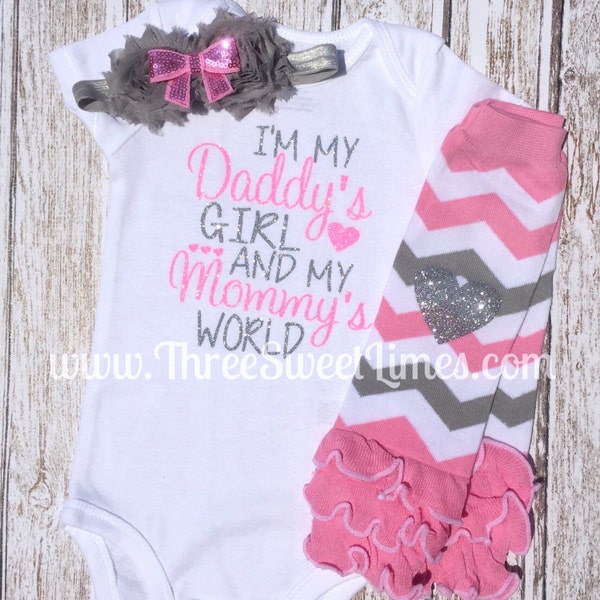 Baby Girl Clothes | I'm My Daddy's Girl And My Mommy's World Bodysuit | Opt Leg Warmers Headband | Pink And Silver Glitter | Baby Girl Set