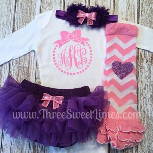 Monogrammed Baby Girl Clothes Bow Monogram | Take Home Outfit | Tutu Bloomers | Pink Glitter Purple | Baby Shower Gift | Personalized Gift