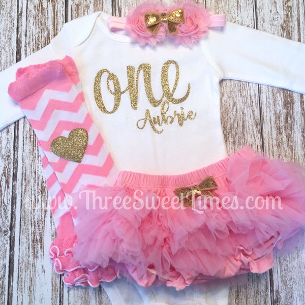 First Birthday Outfit Baby Girl Personalized Birthday One | Pink and Gold Opt Tutu Bloomer | Pink Gold Glitter  | Headband Leg Warmer