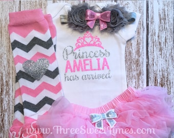 Baby Girl Coming Home Outfit | The Princess Has Arrived Personalized | Baby Girl Outfit | Opt Leg Warmers Bow Set | Pink And Silver Glitter