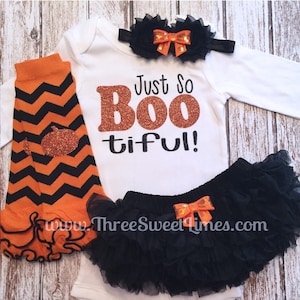 Halloween Baby Girl Outfit Clothes| First Boo Just So BOOtiful Bodysuit | Opt Leg Warmers Bow or Headband Orange And Black Chevron Glitter