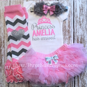 Baby Girl Coming Home Outfit | The Princess Has Arrived Personalized | Baby Girl Outfit | Opt Leg Warmers Bow Set | Pink And Silver Glitter