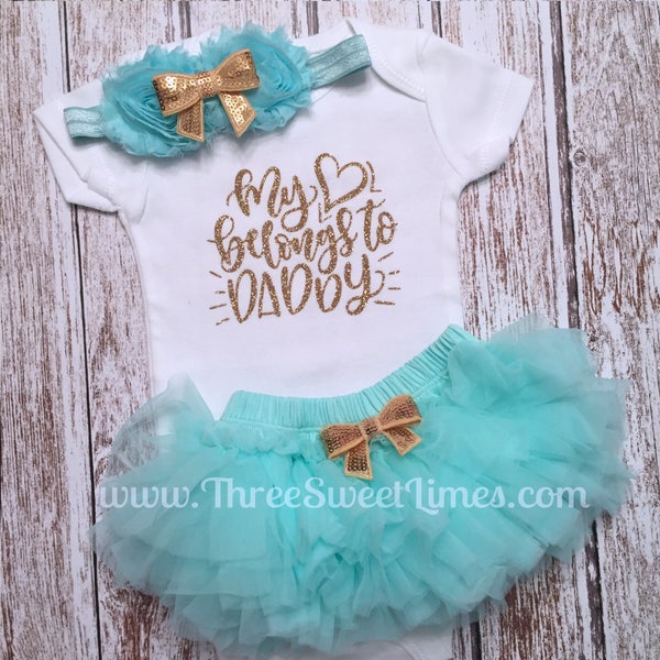 My Heart Belongs to Daddy Father’s Day Outfit | 1st Baby Girl Clothes | Daddy's Girl Bodysuit | Mint And Gold Glitter | Leg Warmer Tutu