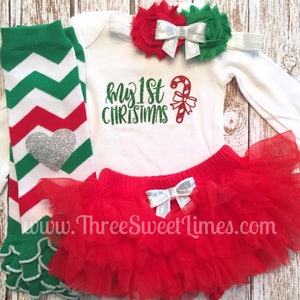 First Christmas Outfit Girl  | Baby Girl My 1st Christmas | Baby&#39;s First Christmas Opt Leg Warmers Headband Tutu Bloomer Red Green