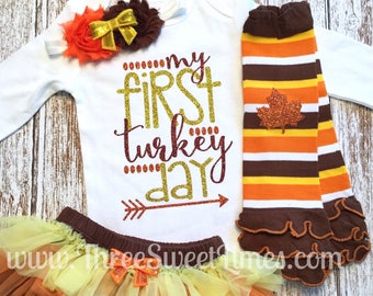 Baby Girl Thanksgiving Outfit My First Turkey Day 1st Fall Personalized Newborn Outfit Fall Leg Warmers Tutu Bloomers Orange Yellow Brown