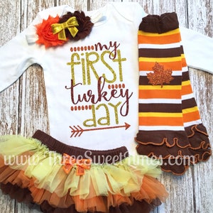 Baby Girl Thanksgiving Outfit My First Turkey Day 1st Fall Personalized Newborn Outfit Fall Leg Warmers Tutu Bloomers Orange Yellow Brown