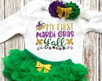My First Mardi Gras Y’all Outfit Baby Girl 1st Mardi Gras Gift Bodysuit GreenYellow Purple Glitter Set Opt Tutu Bloomers Headband