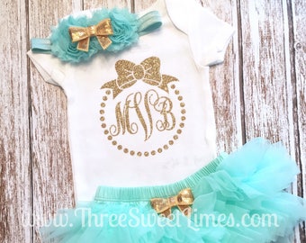 Mint And Gold Personalized Monogrammed Baby Girl Outfit |  Take Home Outfit | Opt Leg Warmer Headband | New Baby Gift Party Clothes