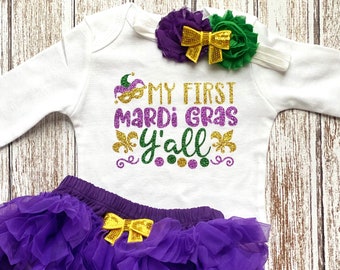 Baby Girl My First Mardi Gras Y’all Outfit 1st Mardi Gras Gift Bodysuit GreenYellow Purple Glitter Set Opt Tutu Bloomers Headband