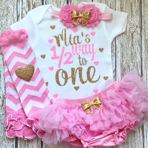 Six Month Old Halfway to One Personalized Outfit Baby Girl Half Birthday Pink Gold Glitter Bodysuit Opt Tutu Bloomer Set Headband Warmers image 1