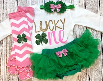 Lucky One 1er anniversaire Saint-Patrick tenue bébé fille Saint Patrick premier anniversaire fête body rose vert or opter Tutu Bloomer