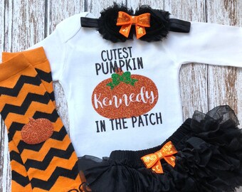Cutest Pumpkin in the Patch Baby Girl Personalized Halloween Outfit Fall Toddler Halloween Gift First Halloween Clothes Orange Black Glitter