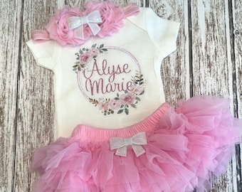 Personalized Baby Girl Outfit Floral Glitter Take Home Hospital Outfit Spring Bodysuit Baby Shower Gift Set Opt Tutu Bloomer Headband Warmer