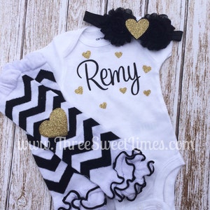 Baby Girl Personalized Outfit Newborn - 3T Bodysuit Shirt Opt Leg Warmer Headband New Baby Shower Gift | Black And Gold | Take Home Outfit |