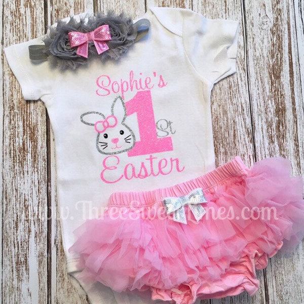 My First Easter Personalized Baby Girl Easter Outfit, Spring Baby Clothing 1st Easter Set Bunny Outfit Headband Pink Silver Bloomers Leg