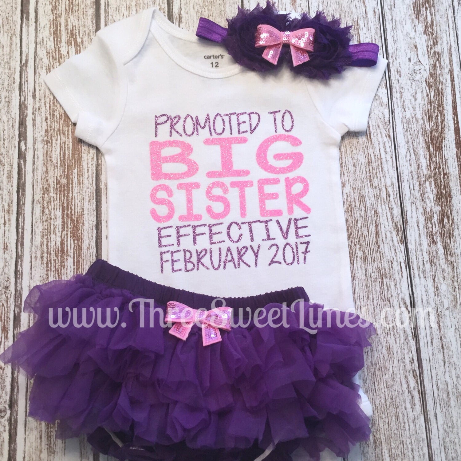 Promoted to Big Sister Effective Date Opt Leg Warmers Bloomers Headband Baby Announcement Big Sister Surprise Pink Purple Glitter