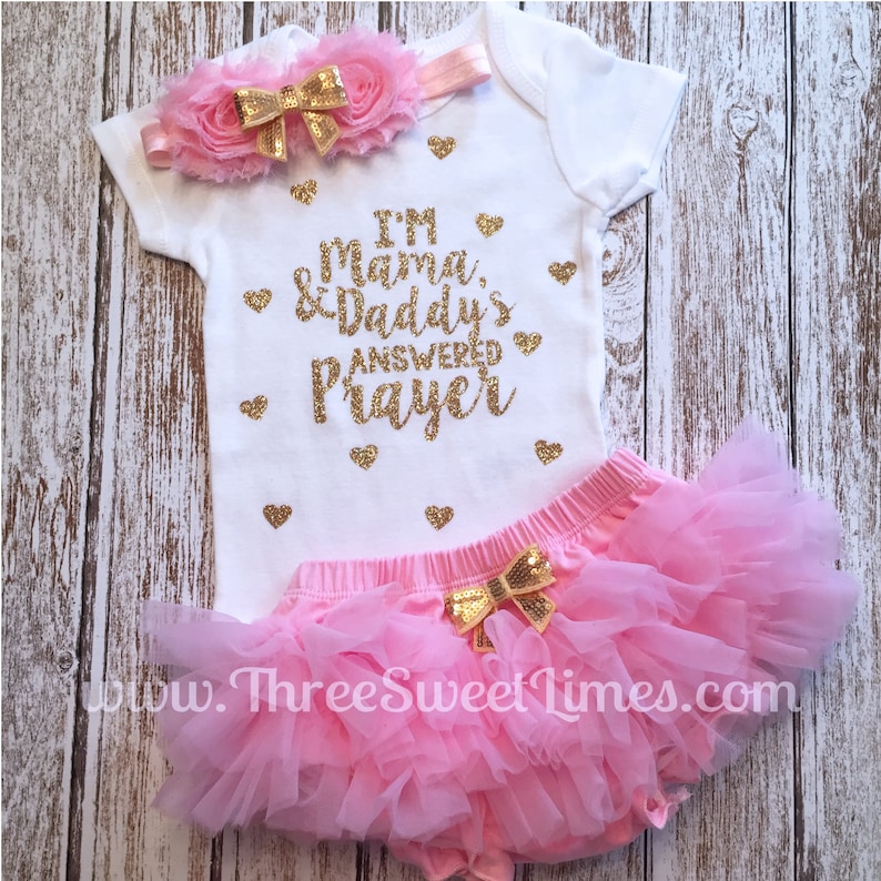 Adoption Day Outfit Take Home Outfit I/'m Mama and Daddy/'s Answered Prayer Baby Girl Clothes Pink and Gold Baby Clothes Tutu