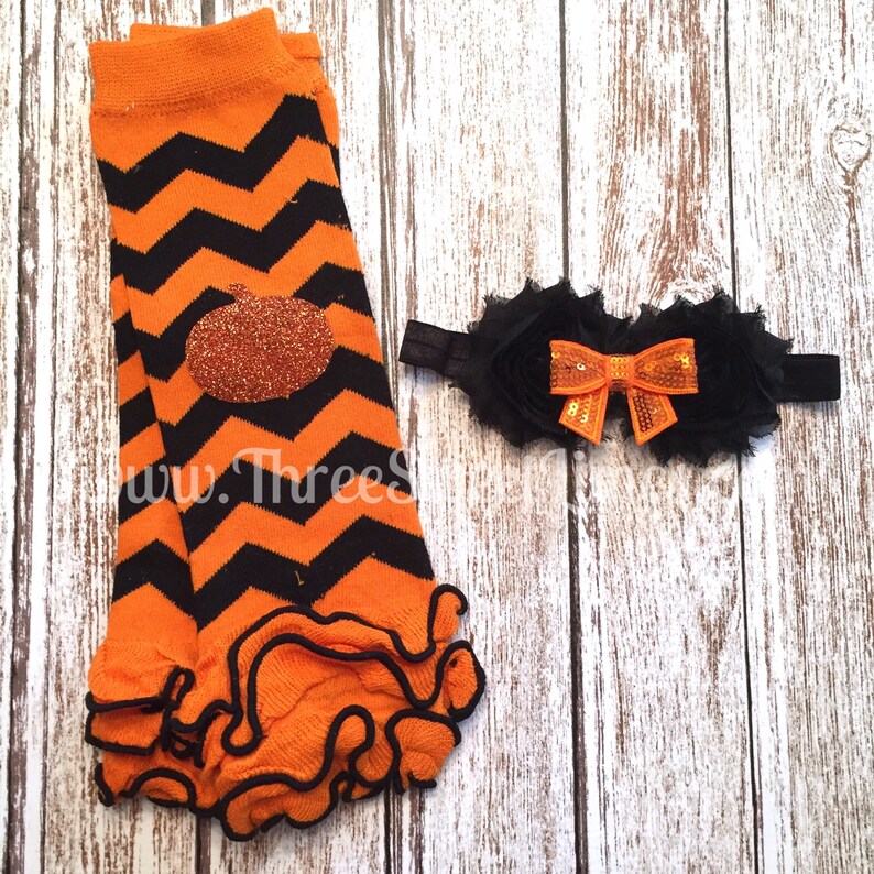Photo Prop Halloween Fall Tutu Bloomers Baby Girl Headband Leggings Warmer Orange Black Leg Warmers Ruffle Diaper Cover