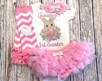 My First Easter Baby Girl Outfit Personalized Easter Outfit, Spring Bunny Baby Bodysuit 1st Easter Set Outfit Opt Tutu Bloomer Headband