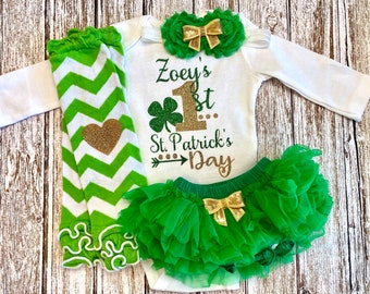Tenue de jour de ma première Saint-Patrick tenue de bébé fille Body Saint Patrick personnalisé trèfles or et vert fille porte-bonheur paillettes