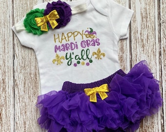 Happy Mardi Gras Y’all Baby Girl Outfit Mardi Gras Gift Newborn Bodysuit Toddler Shirt Purple Glitter Set Opt Tutu Bloomers Headband