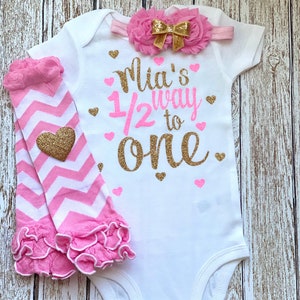 Six Month Old Halfway to One Personalized Outfit Baby Girl Half Birthday Pink Gold Glitter Bodysuit Opt Tutu Bloomer Set Headband Warmers image 3