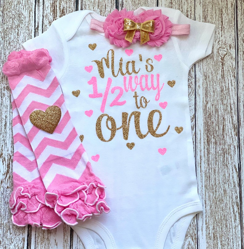 Six Month Old Halfway to One Personalized Outfit Baby Girl Half Birthday Pink Gold Glitter Bodysuit Opt Tutu Bloomer Set Headband Warmers image 3