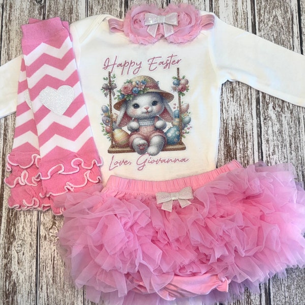 Happy Easter Baby Girl Toddler Outfit Personalized Easter Outfit, Spring Bunny Baby Bodysuit Easter Set Outfit Opt Tutu Bloomer Headband