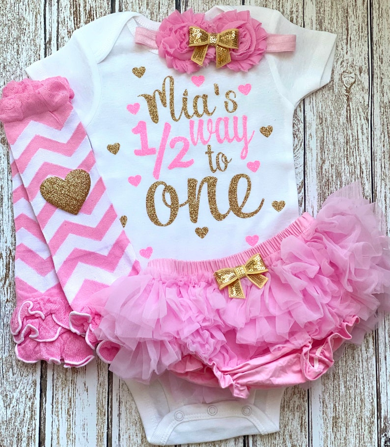 Six Month Old Halfway to One Personalized Outfit Baby Girl Half Birthday Pink Gold Glitter Bodysuit Opt Tutu Bloomer Set Headband Warmers image 1