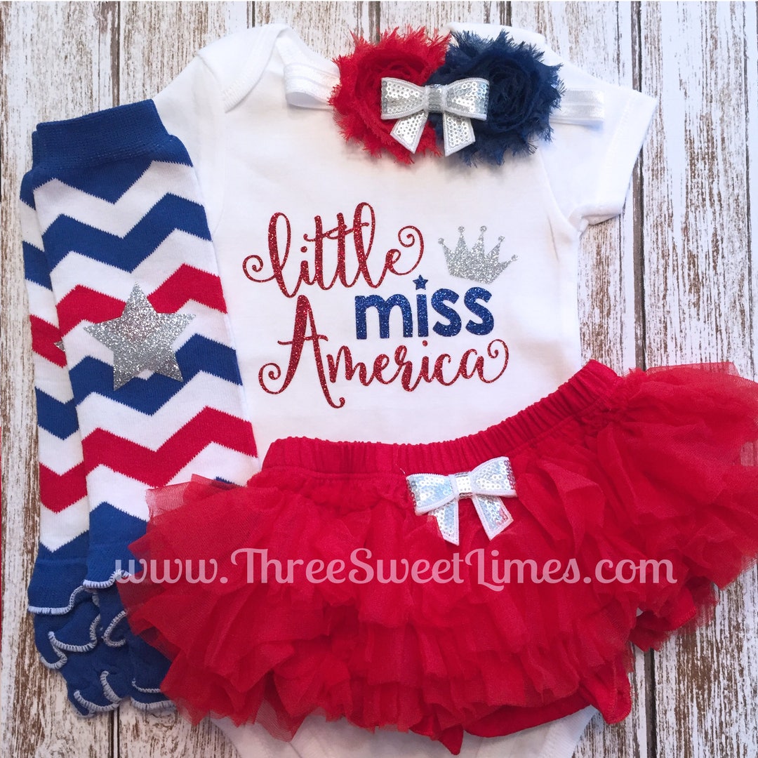 4th of July Baby Girl Outfit Little Miss America Opt Headband & Ruffle