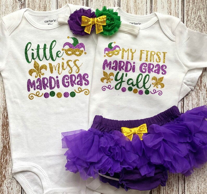 Baby Girl Mardi Gras Outfit 1st Little Miss Mardi Gras Gift Bodysuit Toddler Shirt GreenYellow Purple Glitter Set Opt Tutu Bloomers Headband