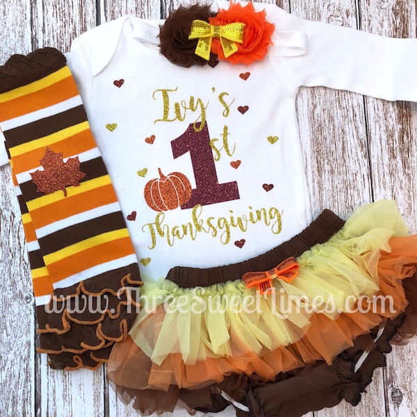My First Thanksgiving Baby Girl Outfit, Fall 1st Thanksgiving Baby Girl Clothes, First Fall Baby Girl Outfit Chevron Leg Warmers Fall