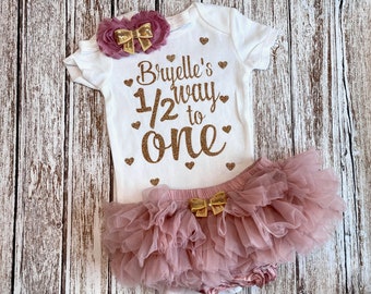 Six Month Old Halfway to One Personalized Outfit Baby Girl 1/2 Birthday Gold Glitter Bodysuit Opt Dusty Rose Tutu Bloomer Headband