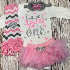 Six Month Old Halfway to One Personalized Outfit Baby Girl Half Birthday Pink Silver Glitter Bodysuit Opt Tutu Bloomer Set Headband Warmers