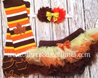 Fall Thanksgiving Tutu Bloomers,  Brown Orange Yellow Ruffle Diaper Cover,  Baby Girl Headband,  Leg Warmers Leggings Warmer,  Photo Prop