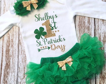 My First St. Patrick's Outfit Day Baby Girl Outfit Personalized Saint Patrick Bodysuit Gold and Green Clover Lucky Lady Lass Glitter