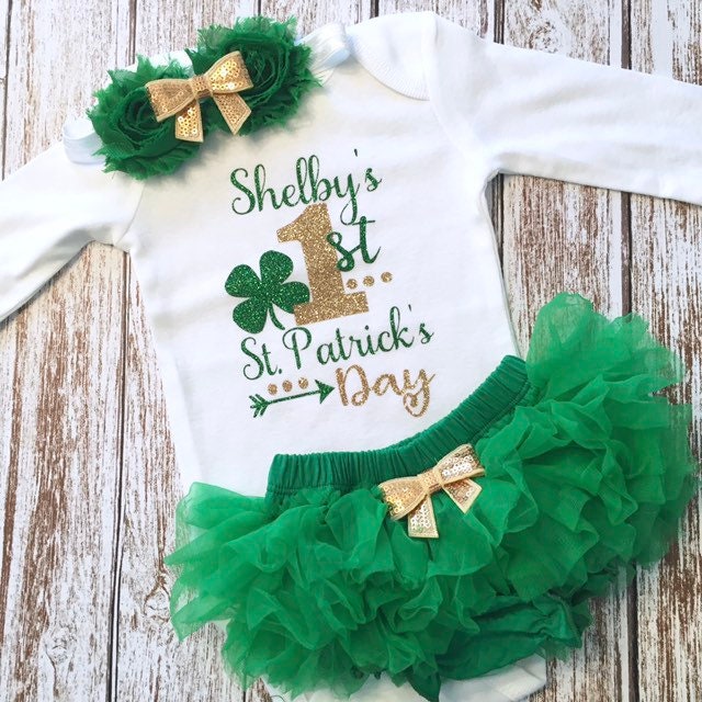My First St. Patrick's Outfit Day Baby Girl Outfit Personalized Saint Patrick Bodysuit Gold and Green Clover Lucky Lady Lass Glitter