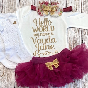 Personalized Newborn Take Home Outfit | Hello World My Name Is | Baby Girl | Coming Home Outfit Burgundy Rose Gold Floral  Baby Announcement